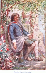 Christian śpi w altanie, z The Pilgrims Progress wydanej przez John F. Shaw & Co, ok. 1900 (kolor lito)