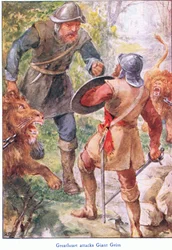 Wielkie serce atakuje Giant Grim, z książki The Pilgrims Progress wydanej przez John F. Shaw & Co, ok. 1900 (kolor lito)