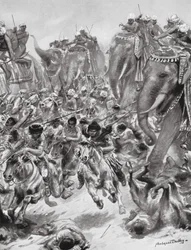 Pokonanie Eftalitów lub Białych Hunów, AD 528 (litografia)