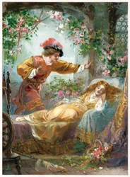 Książę odnajduje Śpiącą Królewnę, ilustracja z „Pewnego razu” wydanej przez Ernesta Mistera, ok. 1900 (kolor lito)