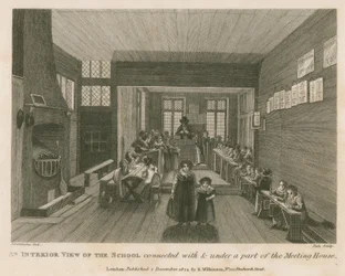 Widok wnętrza szkoły połączonej z częścią i pod częścią dawnego domu spotkań Johna Bunyana