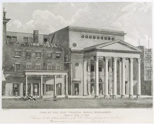 Widok Nowego Teatru Królewskiego, Haymarket, otwartego 4 lipca 1821 r., ukazujące także względną sytuację starego teatru przed jego zburzeniem, ryty przez Dale