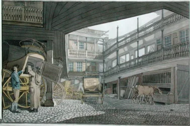 Widok na dziedziniec przy Spread Eagle, Gracechurch Street, z karmieniem powozów i koni