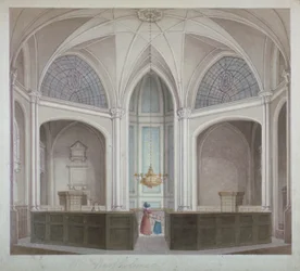 Wnętrze kościoła St Bartholomew-the-Less, City of London, 1834.