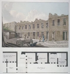 Więzienie Ludgate z planem londyńskiego Workhouse, Bishopsgate, poniżej, City of London, 1818