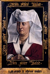 "Portret Marie De Pacy" Obraz Roberta Campina, mistrza Flemalle (1378-1444) 1415-1440 Tournai. Muzeum Sztuk Pięknych w Belgii