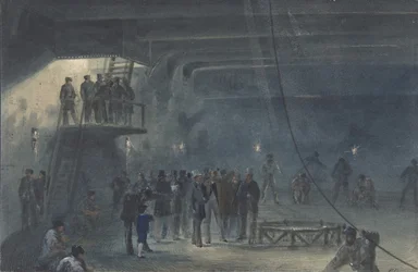Zwijanie kabla w zbiorniku tylnym na pokładzie Great Eastern at Sheerness: Visit..., 1865-66.