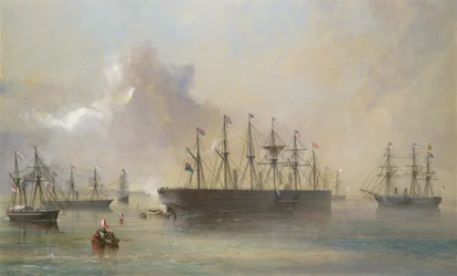 Flota kablowa Atlantic Telegraph zmontowana na południowo-zachodnim wybrzeżu Irlandii w Berehaven..., 1866.