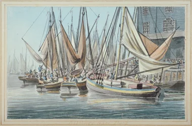 Widok na nabrzeże Billingsgate z łodziami na wodzie, City of London, 1790.