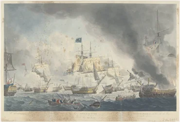 Bitwa pod Kamperduinem (1797): klęska floty Batawów Flota holenderska pokonana po południu 11 października 1797 r., pokazująca okręt flagowy Admirała De Wintera, zdemaskowała (...) (tytuł na obiekcie)