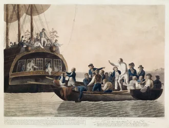 Buntownicy zmieniający porucznika Bligha oraz część oficerów i załogi Adrift, 29 kwietnia 1789, wyd. 1790