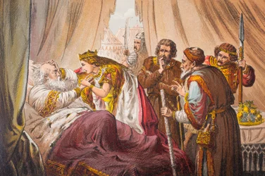 Kordelia mówi w Królu Learze, akt IV, scena VII, "Sir, czy mnie znasz", z "The Illustrated Library Shakespeare", opublikowanego w Londynie w 1890 r. (litografia).