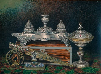 Kałamarz, gramatura papieru, nóż myśliwski lub sztylet, tazza w osłonie, gramatura papieru, 1863