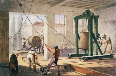 Przygotowanie kabla, z "The Atlantic Telegraph" Williama Howarda Russella, opublikowanego w 1866 r. (kolorowa litografia) (patrz także 192775)