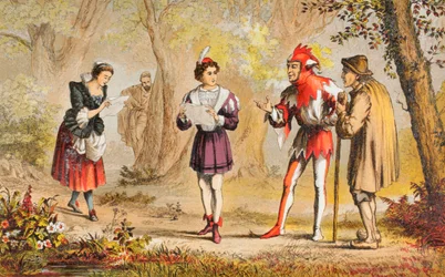 Rosalind mówi w Jak wam się podoba, akt III, scena II, "Pokój! Here comes my sister", z "The Illustrated Library Shakespeare", opublikowanego w Londynie w 1890 r. (kolorowa litografia).