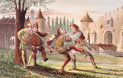 Sebastian mówi w "Dwunastej nocy", akt IV, scena I: "Dlaczego! To dla ciebie! I tam! I tam!", z "The Illustrated Library Shakespeare", opublikowanej w Londynie w 1890 r. (kolorowa litografia).
