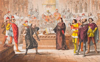 Shylock przemawia w Kupcu weneckim, akt IV, scena I, "Is that the law", z "The Illustrated Library Shakespeare", opublikowanego w Londynie w 1890 r. (kolorowa litografia).