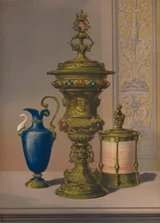 Srebrny pozłacany i wysadzany klejnotami wazon, porcelanowy wazon, szkatułka na cygara, 1863