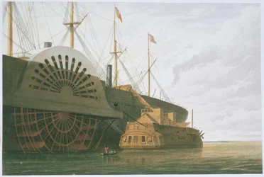 Stara fregata HMS Agamemnon z ciężarem kabla obok SS Great Eastern, z "The Atlantic Telegraph" Williama Howarda Russella, opublikowanego w 1866 r. (kolorowa litografia) (patrz także 192775-780).