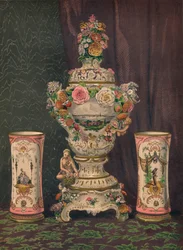 Wazon drezdeńskiej porcelany i para porcelanowych pucharków, 1863.