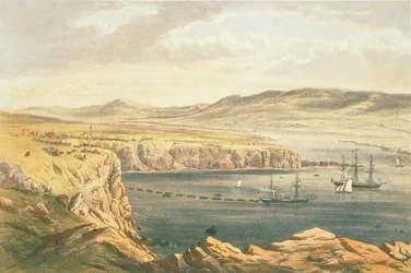 Widok na Port Magee, Valentia, z wysokości Cora Beg, HMS Caroline kładzie koniec kabla na brzegu, 22 lipca