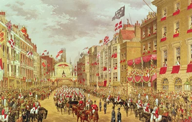 Procesja ślubna Edwarda, księcia Walii i księżnej Aleksandry przejeżdżająca przez miasto w Temple Bar, 7 marca 1863 r., ilustracja z "Memorial of the Marriage of Albert Edward, Prince of Wales" Russella (chromolitografia)