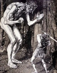 Rycerz i olbrzym. Ilustracja autorstwa Roberta Engelsa (1856 - 1936). Niemiecka rycina. (Dusseldorf)