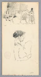 Rysunek, scena z osłem i dwiema postaciami; kobieta trzymająca wachlarz, 1882 r.