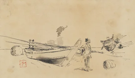 Dwie japońskie łodzie rybackie na brzegu, 1867-1903