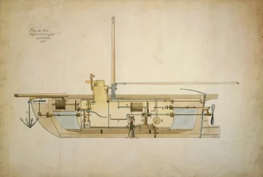 Oryginalny rysunek Nautilusa, pierwszej łodzi podwodnej, przedstawiony przez jego wynalazcę Roberta Fultona (1765-1815) Senatowi Stanów Zjednoczonych w 1806 roku.