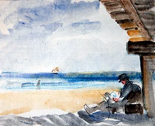 Czytanie na plaży (akwarela i węgiel na papierze)