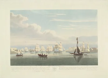 Wypłynięcie dwunastu holenderskich statków handlowych z portu Portsmouth, 1833 (tabl. 1) Ten zestaw trzech tablic przedstawiających wypłynięcie z Portsmouth Harbor w dniu 2 czerwca 1833 roku 12 statków Nederlandsche Koopvaardy z embarga zrzuconych