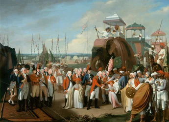 Przyjęcie mysorejskich książąt zakładników przez generała porucznika Lorda Cornwallisa (1738-1805) c.1793