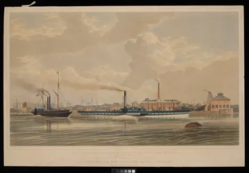 Druk przedstawiający żelazne statki parowe "Meteor" i "Prince of Wales"... opuszczające nabrzeże Brunswick w Blackwall... dedykowany dyrektorom Blackwall Railway Company.