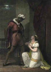Otello i Desdemona w Wenecji. Ilustracja do „” Otella” autorstwa Williama Szekspira. Akt 4 scena 2. Grawerowanie angielskie z 1801 r. autorstwa R.K Portera.