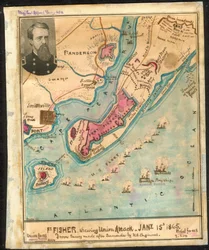 Ft. Fisher pokazujący (sic) atak Unii, 15 stycznia 1865 r. Z badań przeprowadzonych po kapitulacji przez amerykańskich inżynierów. LOC gvhs01.vhs00185