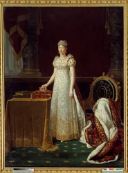 Portret cesarzowej Marii Ludwiki Austrii (Marie-Louise) (1791-1847), żony Napoleona I, reprezentowała Regentę Cesarstwa i nosiła diamentowy komplet Chaumet podarowany przez Napoleona w 1812 r. - Za nią empirowy fotel ozdobiony „N” Napoleona