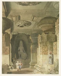 Wnętrze świątyni jaskiniowej Indry Subba w Ellora, z tomu II Scenery, Costumes and Architecture of India, narysowane przez Davida Robertsa (1796-1864) wyryte przez Thomasa Kearnana (fl.1821-50) i grawerowane