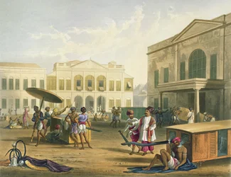 Scena w Bombaju z tomu I „Scenery, Costumes and Architecture of India”, grawerowana przez R.G. Reeve (fl.1811-37) i pokolorowane przez J.B. Hogartha, wyd. Ackermann, 1826 (akwatinta)