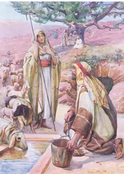 Rachel przy studni, z The Bible Picture Book wydanej przez Thomasa Nelsona, ok. 1950