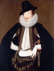 Portret sir Charlesa Cornwallisa, w czarnym płaszczu obszytym futrem, białym i brązowym dublecie, złotej haftowanej kamizelce,