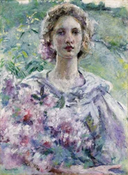 Kobieta z kwiatami. Obraz autorstwa Roberta Reida (1862-1929). Olej na płótnie. Kolekcja prywatna.