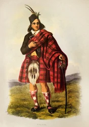 Wojownik szkockiego klanu Fraser w kilcie - litografia Roberta Ronalda McIANa z "The Clans of The Scottish Highlands" z 1845 r.