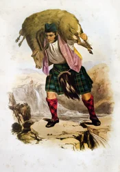 Wojownik szkockiego klanu Mac Rae z owcą na ramionach - litografia Roberta Ronalda McIANa z "The Clans of The Scottish Highlands" z 1845 r.