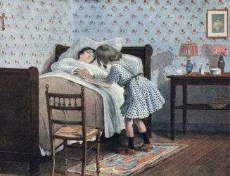 Mała dziewczynka przy łóżku chorej matki czeka na swoją wojnę. Ilustracja Roberta Sallesa (1871-1929) w „Je sais Lire”.