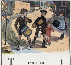 Książka dla dzieci „”Przeczytam – Alfabet metodyczny i zabawny taty””” 1926. Ilustracja Roberta Sallesa (1871-1929). Abecedary: litera T jak Drum.