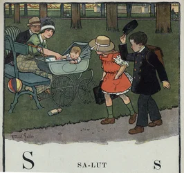 Książka dla dzieci „”Przeczytam – Alfabet metodyczny i zabawny taty””” 1926. Ilustracja Roberta Sallesa (1871-1929). Abecedary: litera S jako Salut. Chłopiec wita parę i ich dziecko podnosząc czapkę.