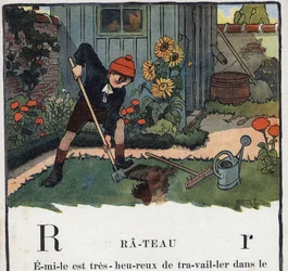 Książka dla dzieci „”Przeczytam – Alfabet metodyczny i zabawny taty””” 1926. Ilustracja Roberta Sallesa (1871-1929). Abecedaire: litera R jako Rake. Ogród chłopca w ogrodzie jego domu.