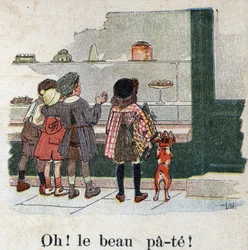 Książka dla dzieci „”Przeczytam – Alfabet metodyczny i zabawny taty””” 1926. Ilustracja Roberta Sallesa (1871-1929). "Oh! Ładne ciasto!” . Wyśmienite dzieci zatrzymują się przed oknem piekarni.