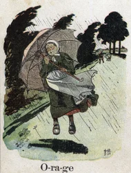 Książka dla dzieci „”Przeczytam – Alfabet metodyczny i zabawny taty””” 1926. Ilustracja Roberta Sallesa (1871-1929). „Burza””: kobieta w deszczu schroni się z parasolem.